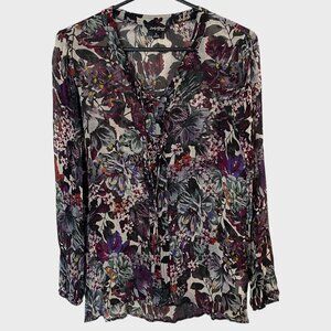 Lucky Brand Floral Tie-Up Peasant Blouse Purple Women's Small Boho Casual Sheer